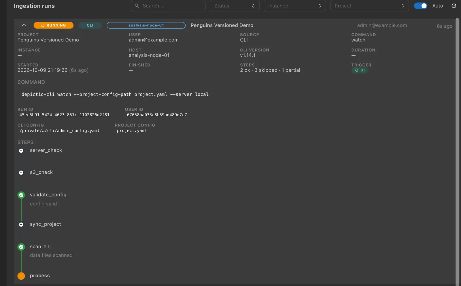 A running ingestion expanded: its provenance, the trigger UI, and the Steps timeline with process marked as the current step