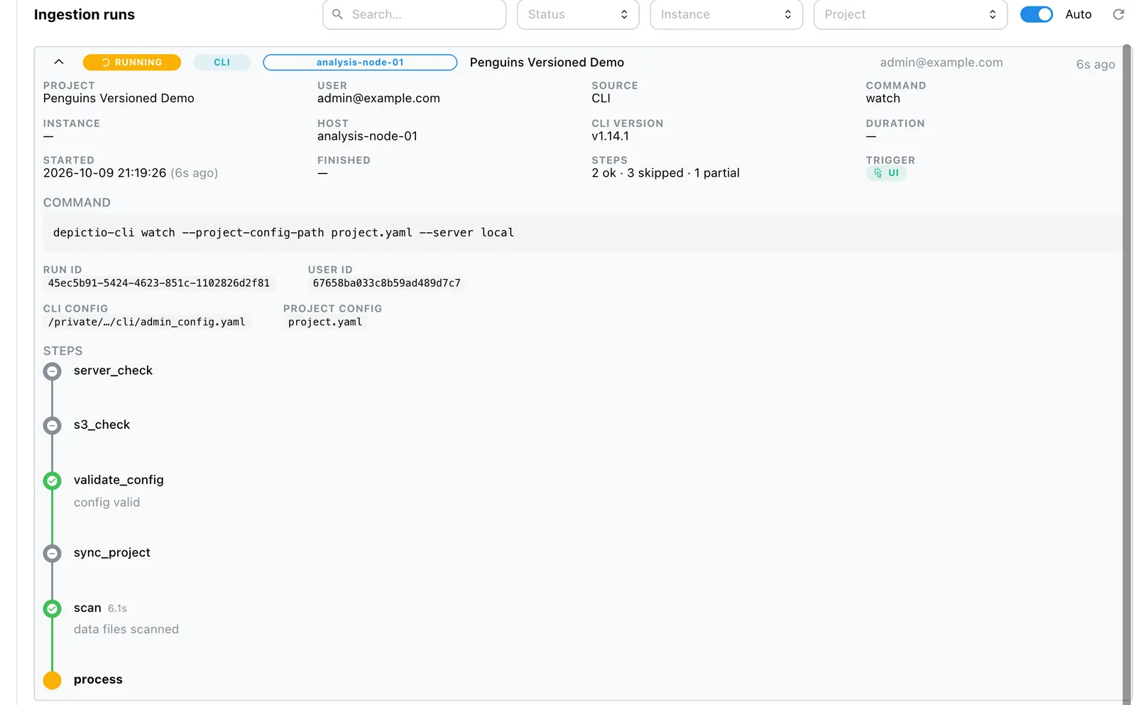 A running ingestion expanded: its provenance, the trigger UI, and the Steps timeline with process marked as the current step