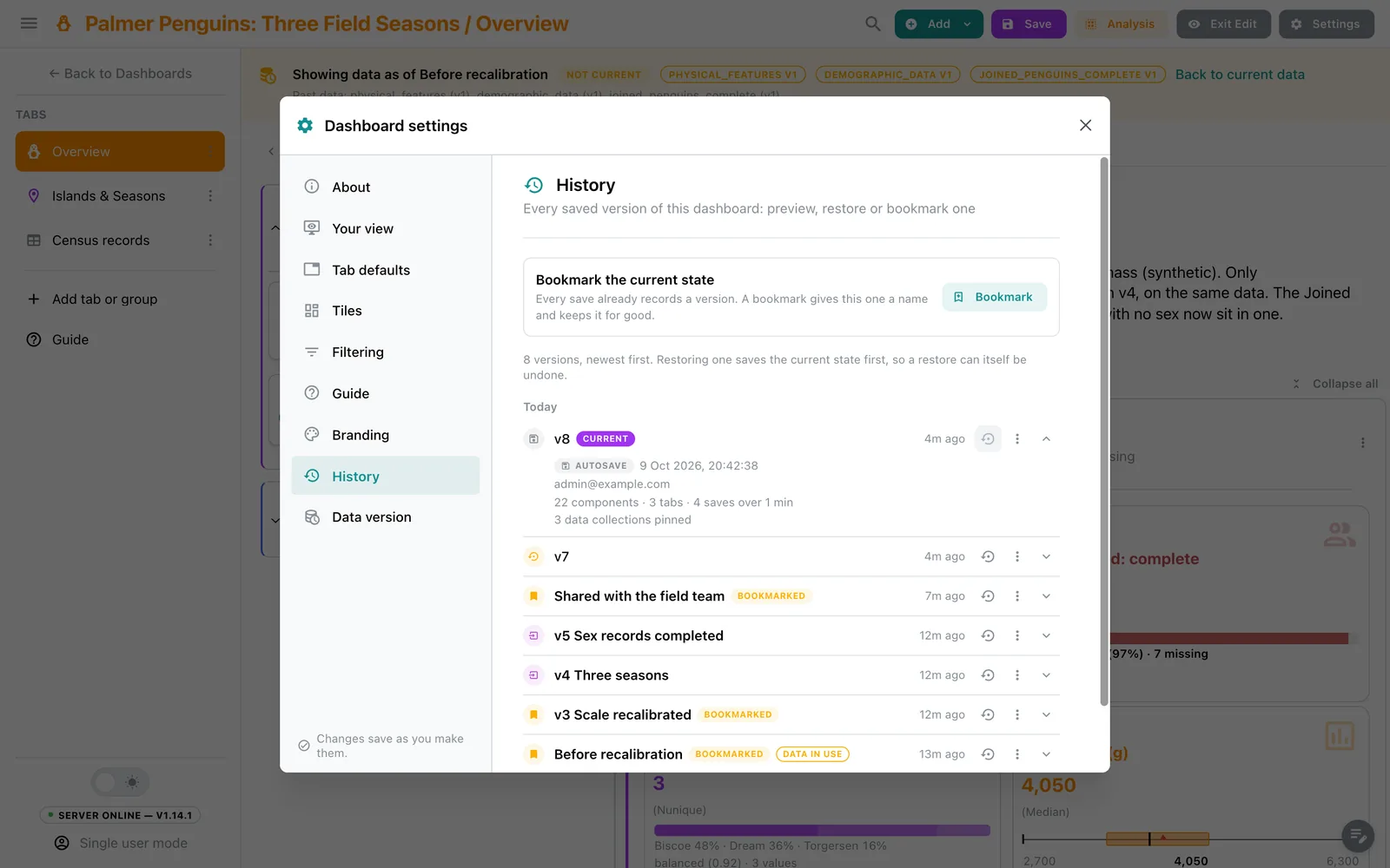 The History section of a dashboard's settings: its saved versions grouped by date, each with its author, a bookmark and its preview and restore actions