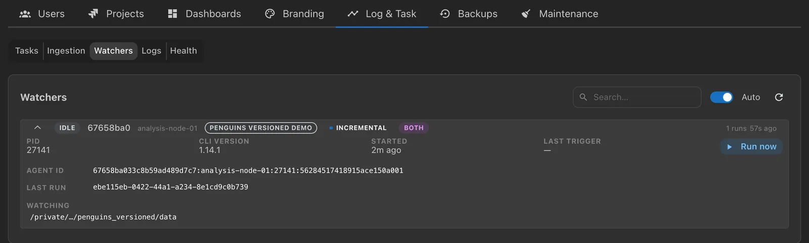 The Watchers pane with one idle watcher expanded: host, project, incremental mode, both backends, its PID, CLI version, last run, watched location and the Run now button