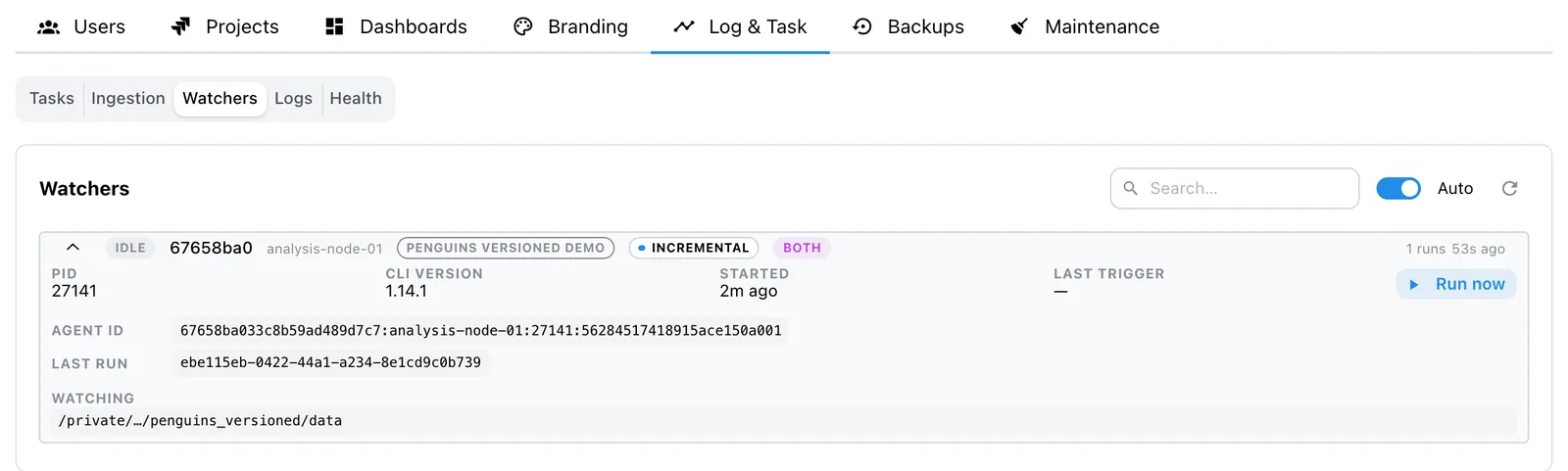 The Watchers pane with one idle watcher expanded: host, project, incremental mode, both backends, its PID, CLI version, last run, watched location and the Run now button