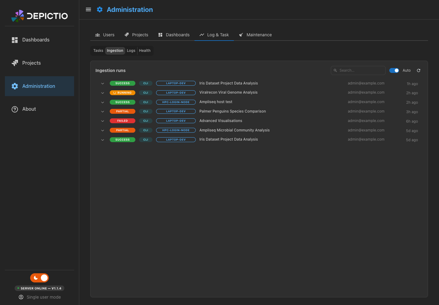 Log & Task: Ingestion pane