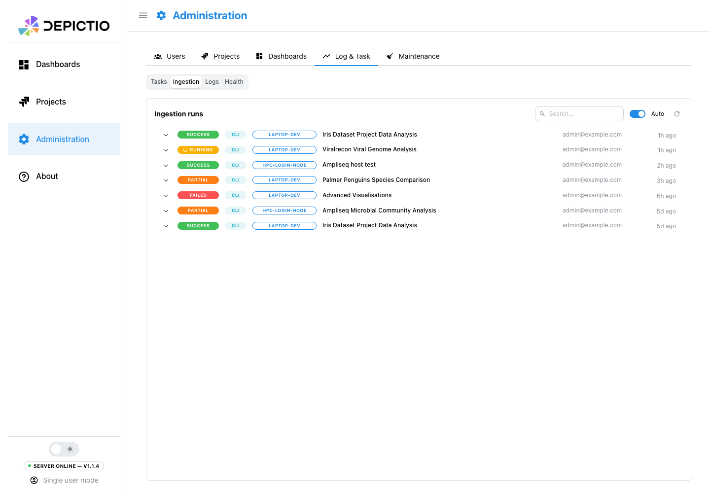Log & Task: Ingestion pane