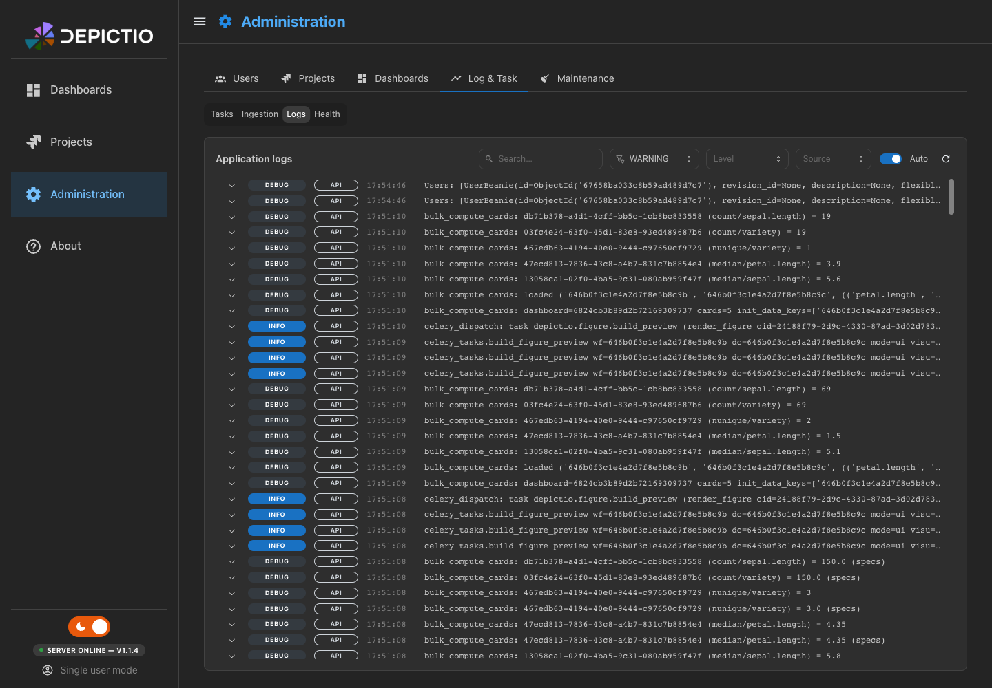 Log & Task: Logs pane