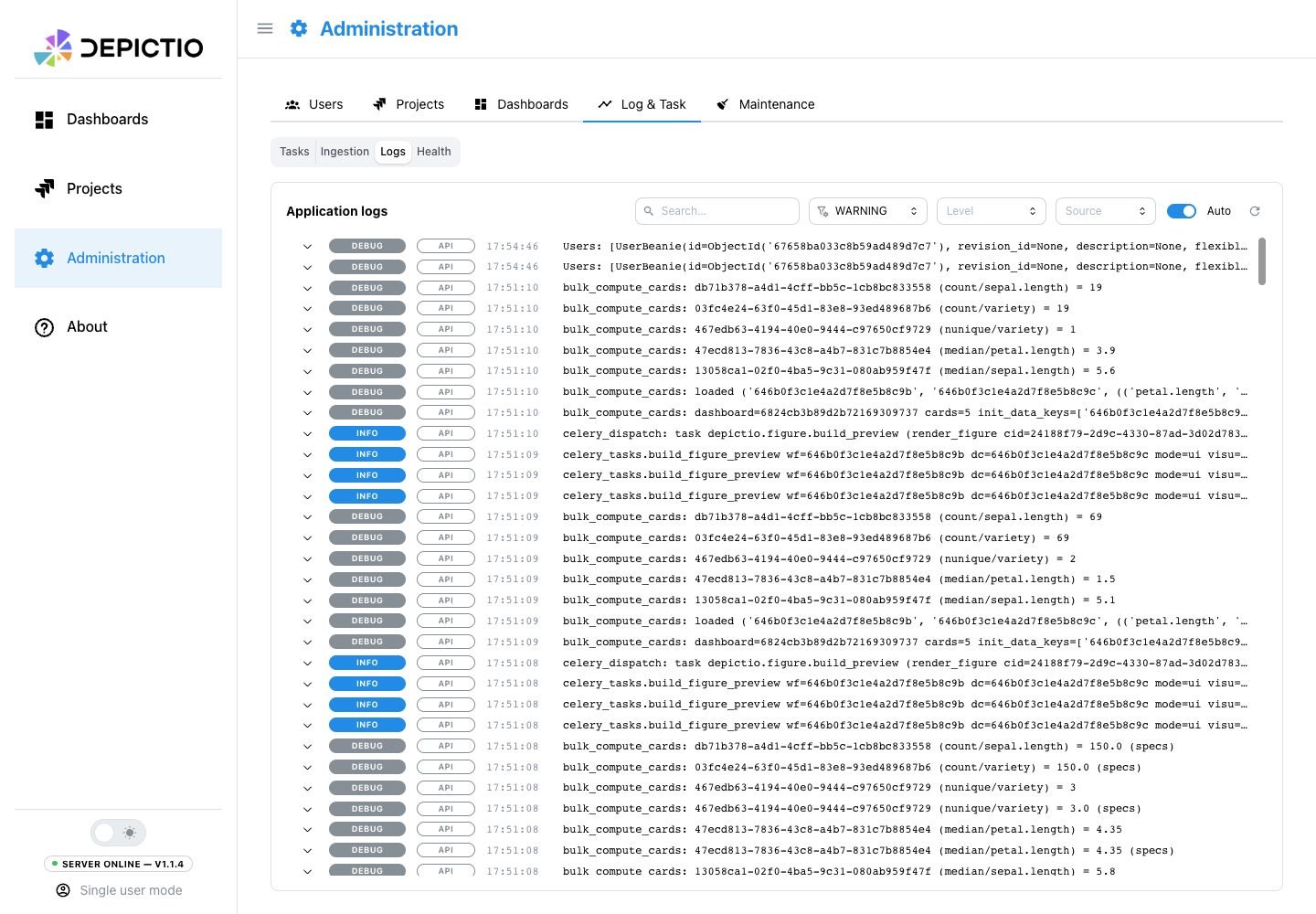 Log & Task: Logs pane