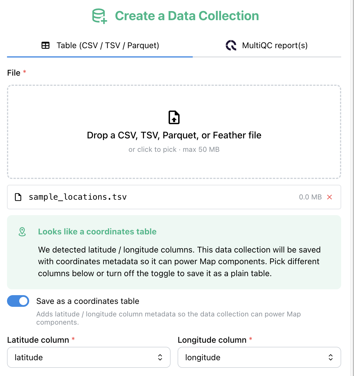 Create DC modal — Table tab with a coordinates table detected, lat/lon column pickers, save-as-coordinates toggle