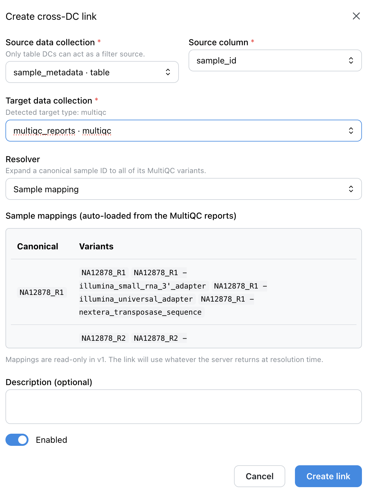 Cross-DC link Create modal — source/target DCs picked, Sample mapping resolver, mapping preview