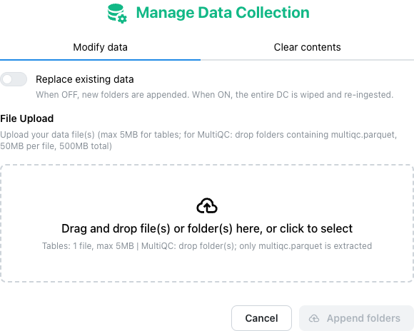 Manage Data Collection modal — Modify data / Clear contents tabs