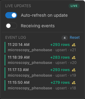 The Live updates menu showing the refresh switches and the event log