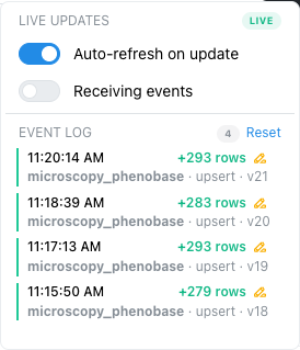 The Live updates menu showing the refresh switches and the event log