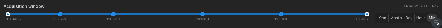 The acquisition window scrubber pinned in the dashboard footer