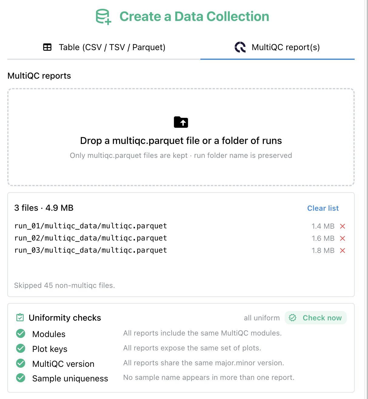 MultiQC uniformity checks — Modules, Plot keys, version, Sample uniqueness all passing, with Check now button