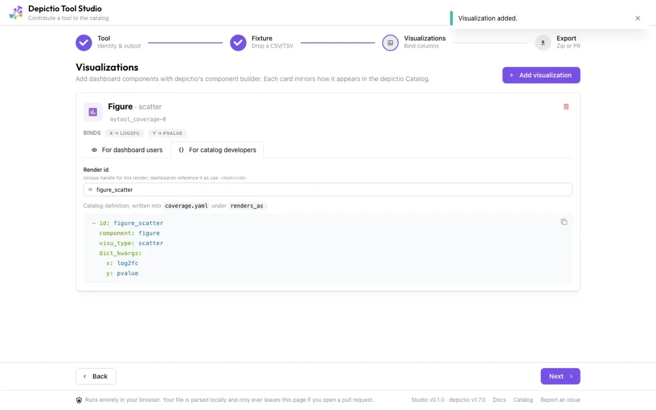 Tool Studio showing a render card and the catalog YAML it will write