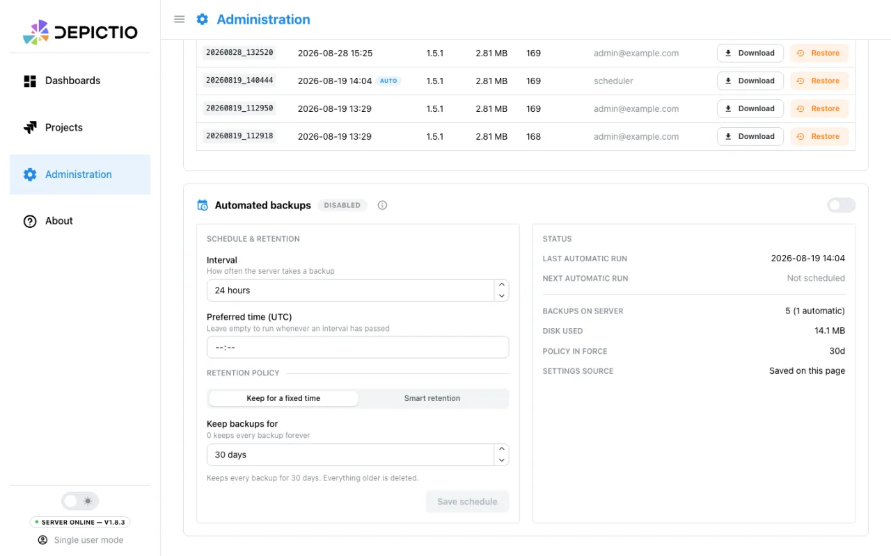 The admin Backups tab: the snapshots on the server, and the schedule and retention policy that produced them