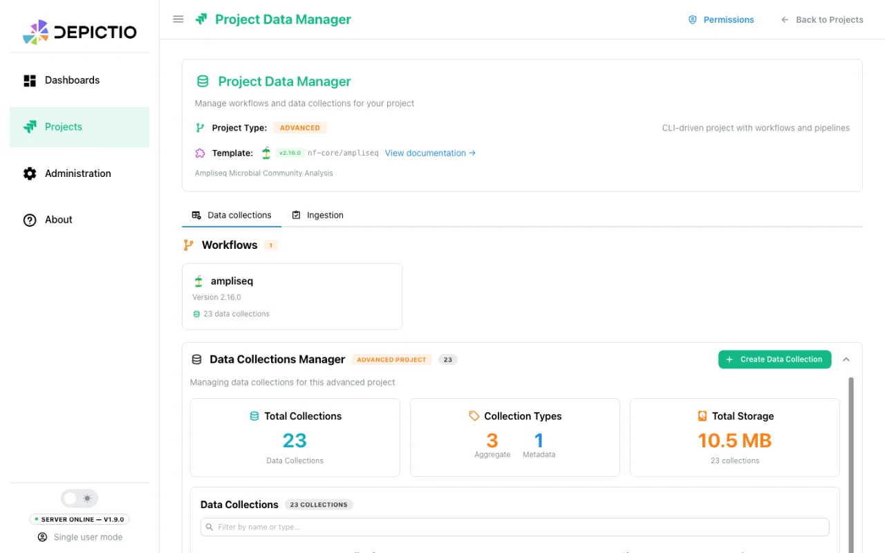 A project page showing its type, the template it was built from, its workflow and its data collections