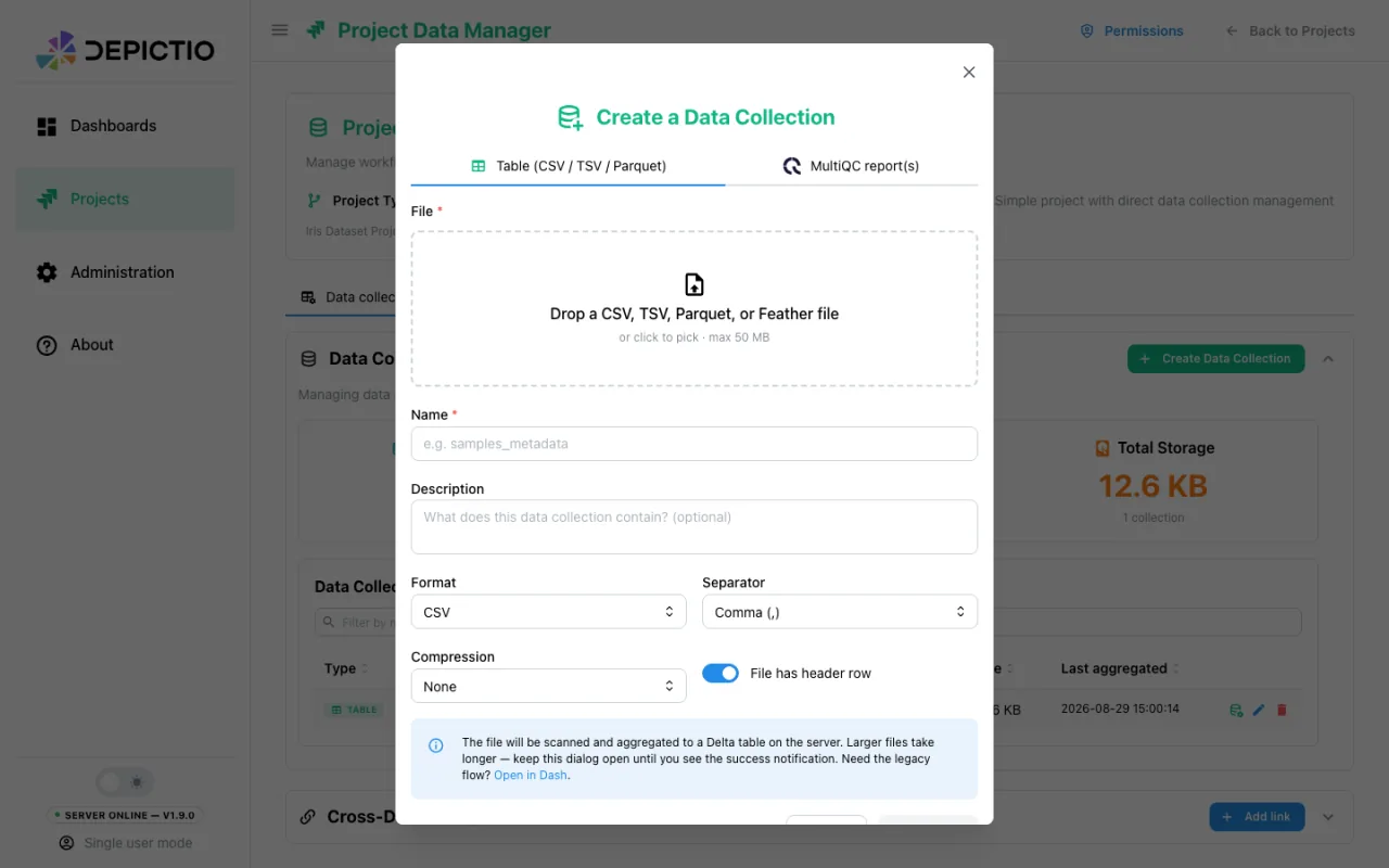 The Create a Data Collection dialog, with a drop zone for a table file and a tab for MultiQC reports